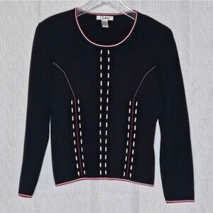 Carducci Vintage Black Jersey Knit Stretch Red & White Accents 3/4 Sleeve Blouse